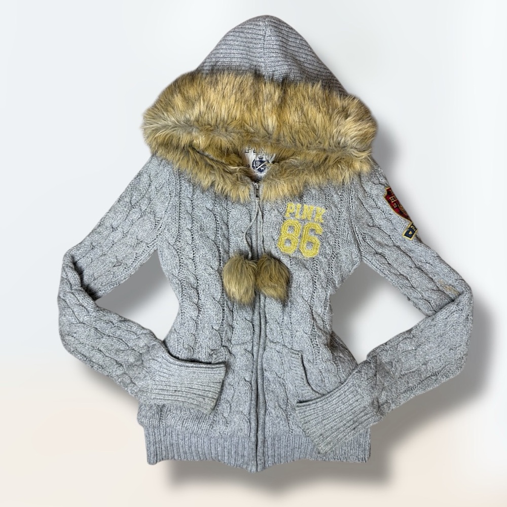 Rare PINK Victoria's Secret Gray Cable Knit angora zip up with Fur trim